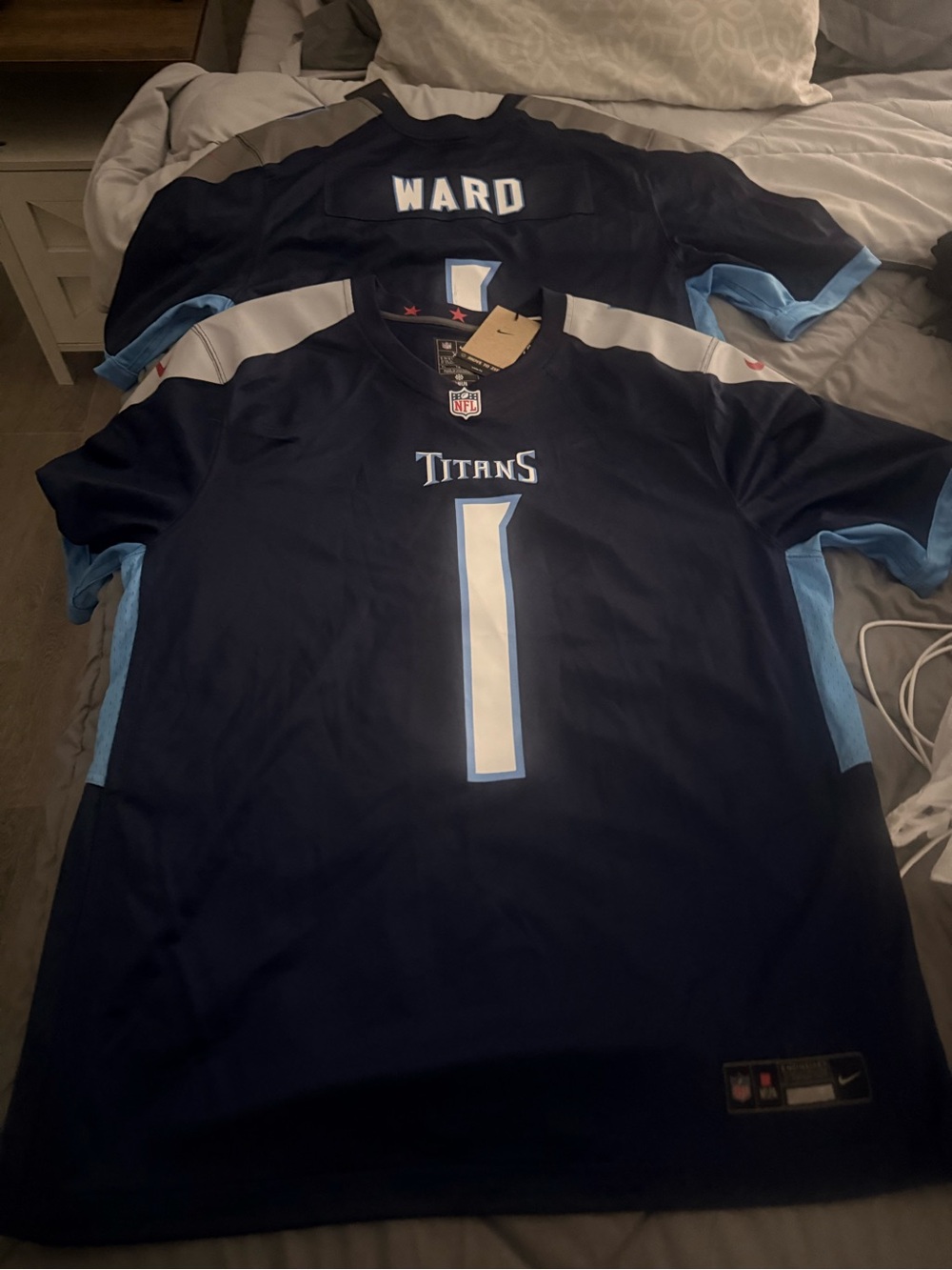 Nike Tennessee Titans Navy and Light Blue #1 Football Jersey - Men/ Cam Ward